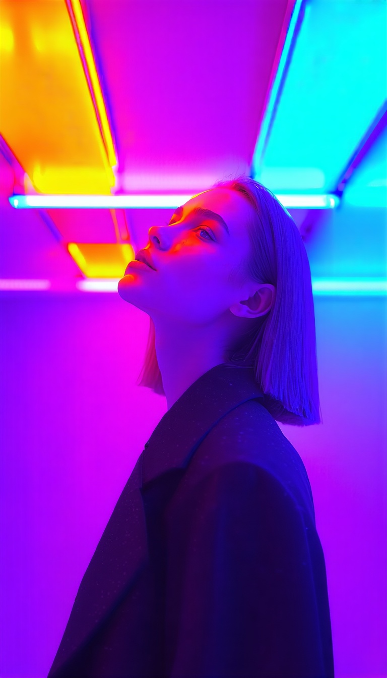 네온 조명 아래 여성, 네온, 조명, 여성, 인물사진, 색감, 분위기