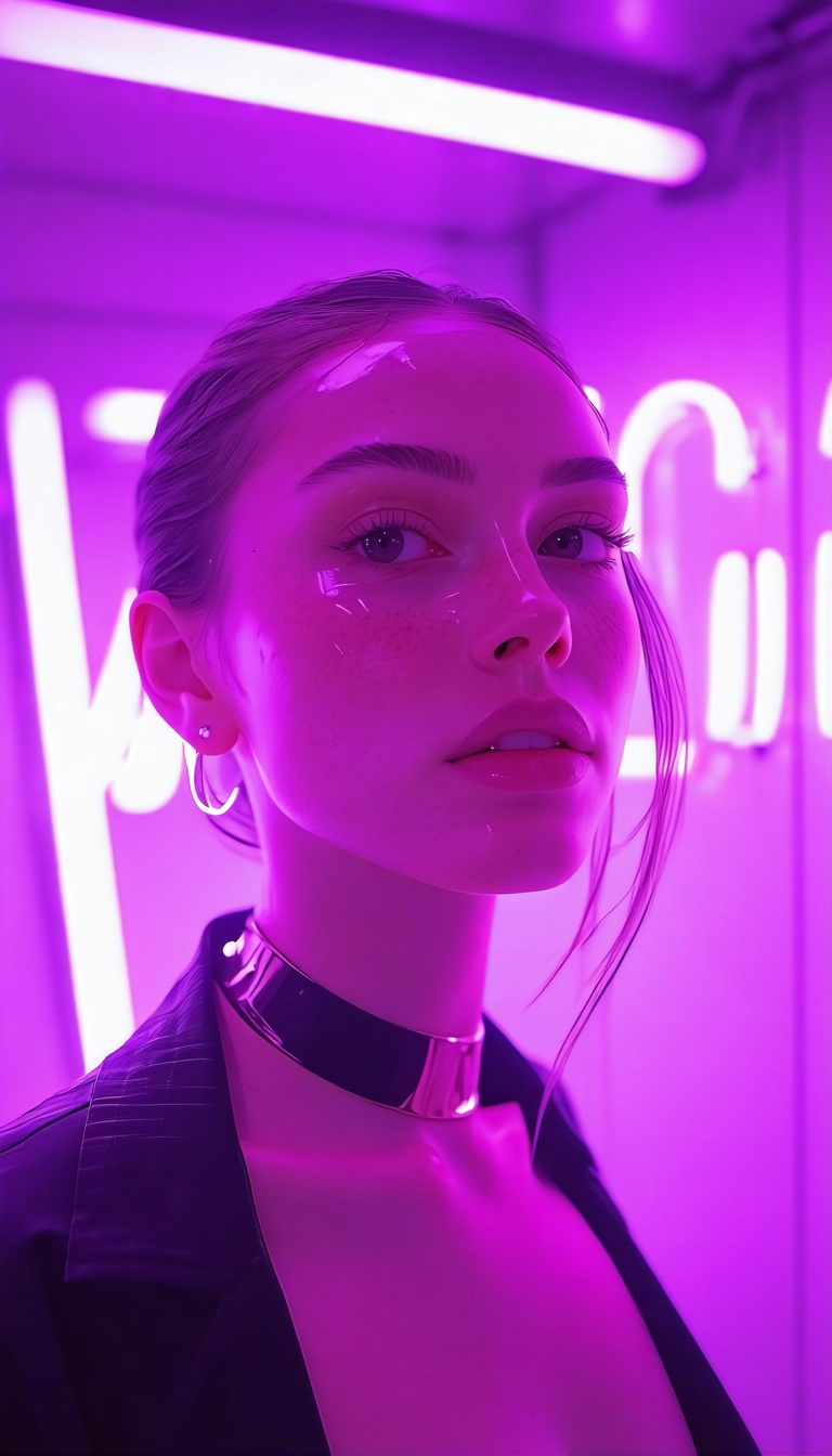 보라빛 네온 아래 여성, 네온, 보라색, 여성, 초상화, 조명, 분위기