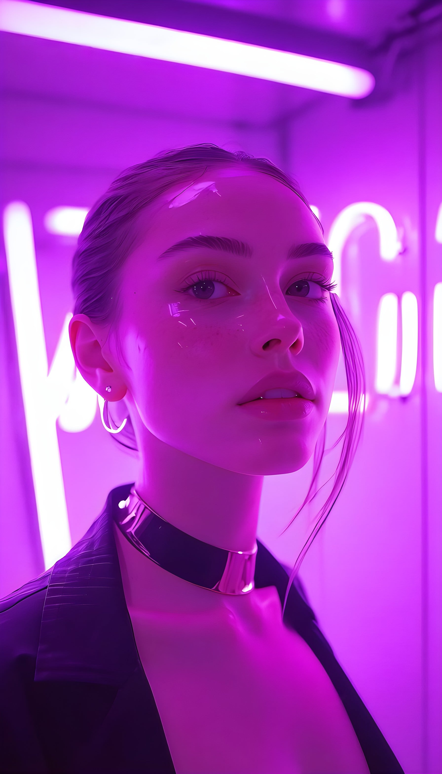 Vibrant Purple Neon Portrait Wallpaper, woman, neon portrait, purple aesthetic, cyberpunk, futuristic, glow