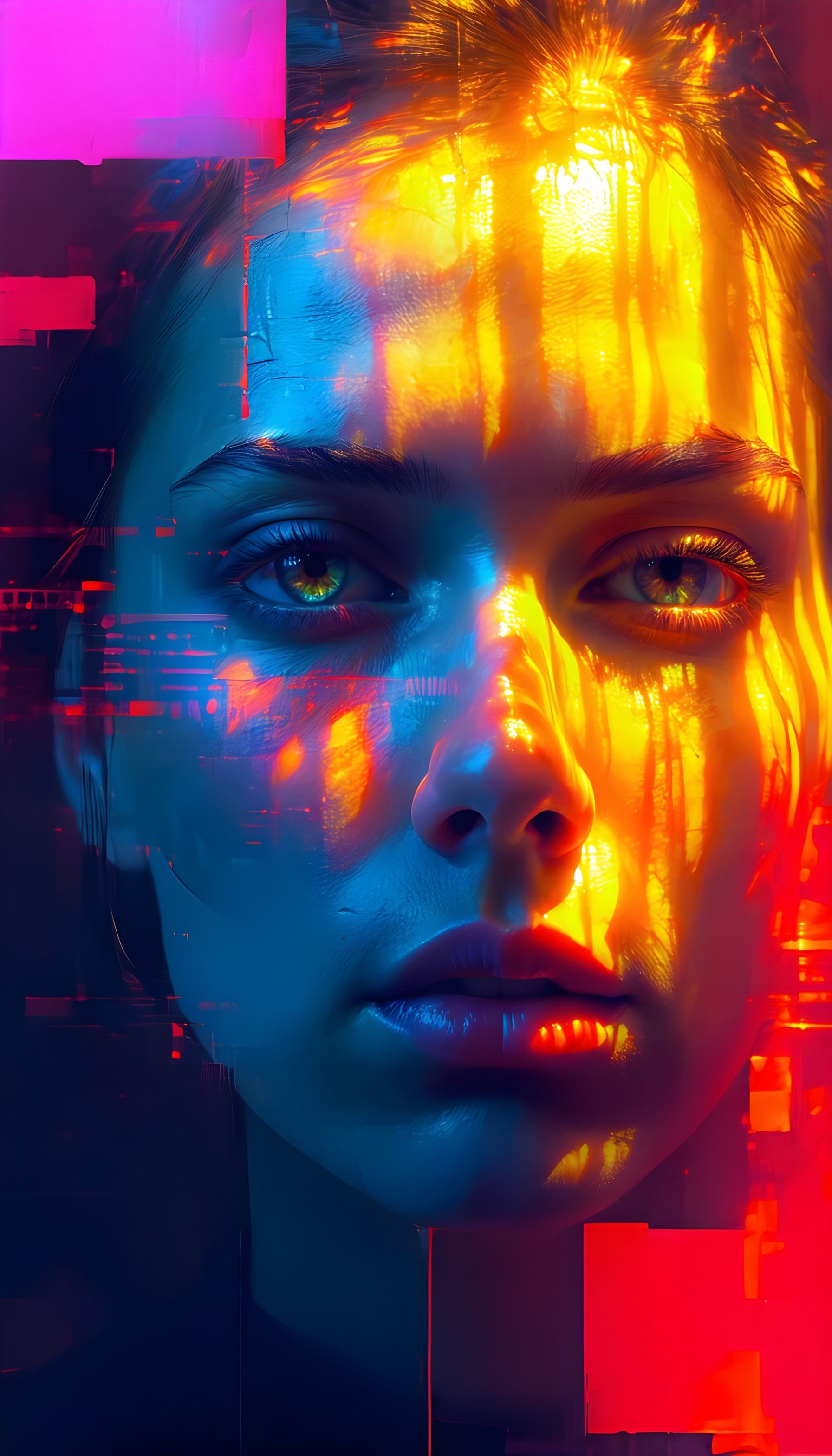 Neon Glitch Cyberpunk Portrait Mobile Wallpaper, cyberpunk, neon, glitch art, digital portrait, futuristic, vibrant