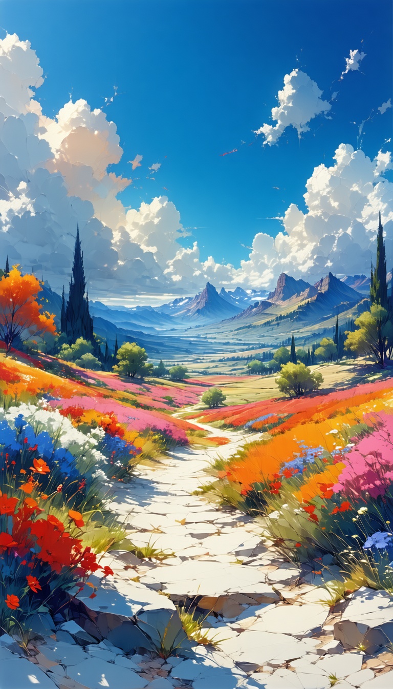 꽃길과 아름다운 풍경, 꽃길, 풍경화, 산맥, 자연, 아름다운, 색감