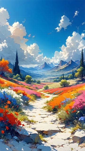 Vibrant Flower Field Mountain Path Wallpaper