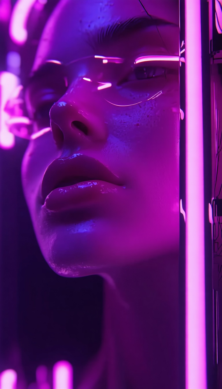 네온 조명 속 여성의 얼굴, 네온, 조명, 여성, 얼굴, 클로즈업, 보라색