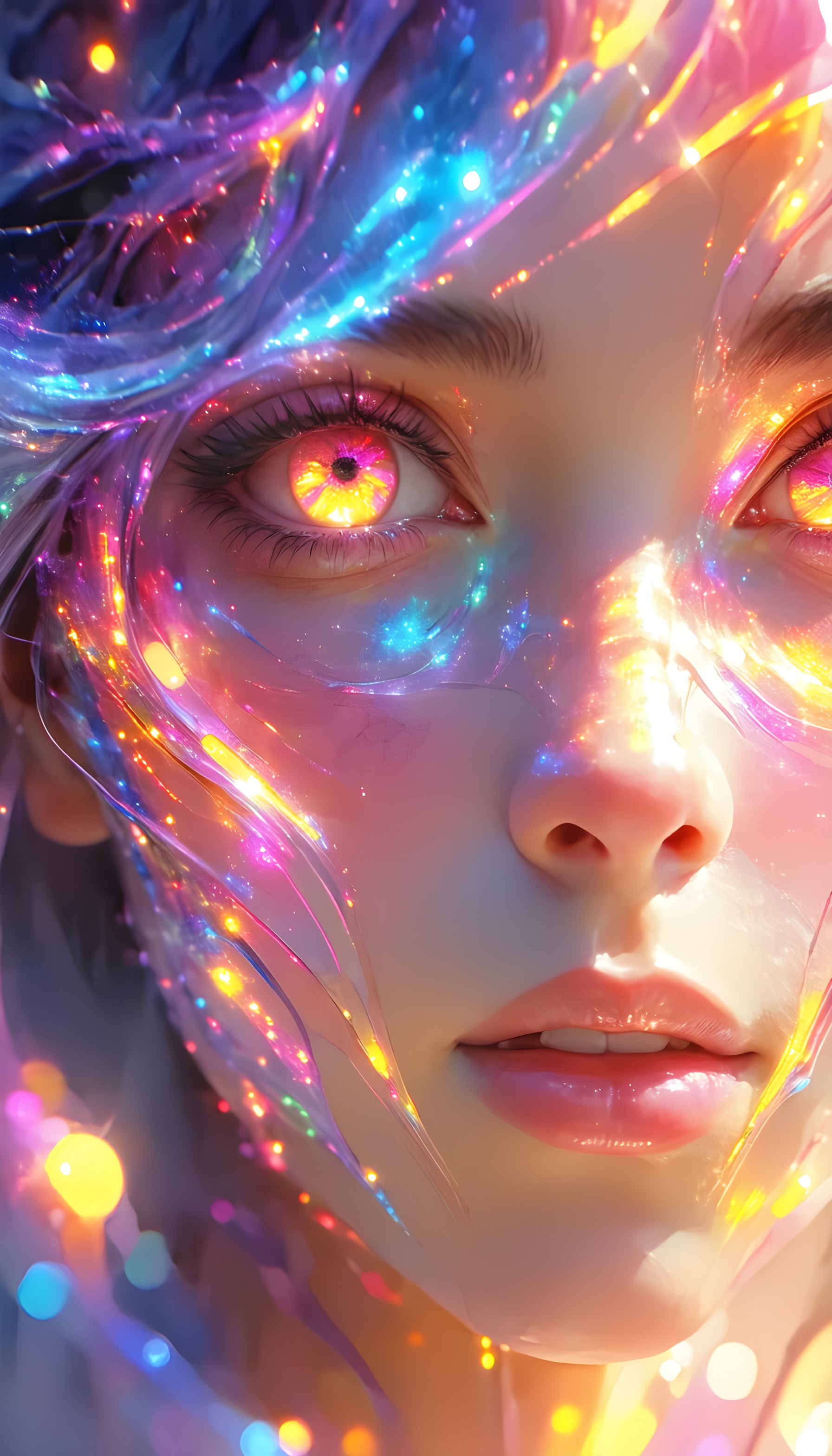 Ethereal Glowing Face: Vibrant Lights & Magical Eyes, fantasy, glowing, vibrant, ethereal, magic, portrait