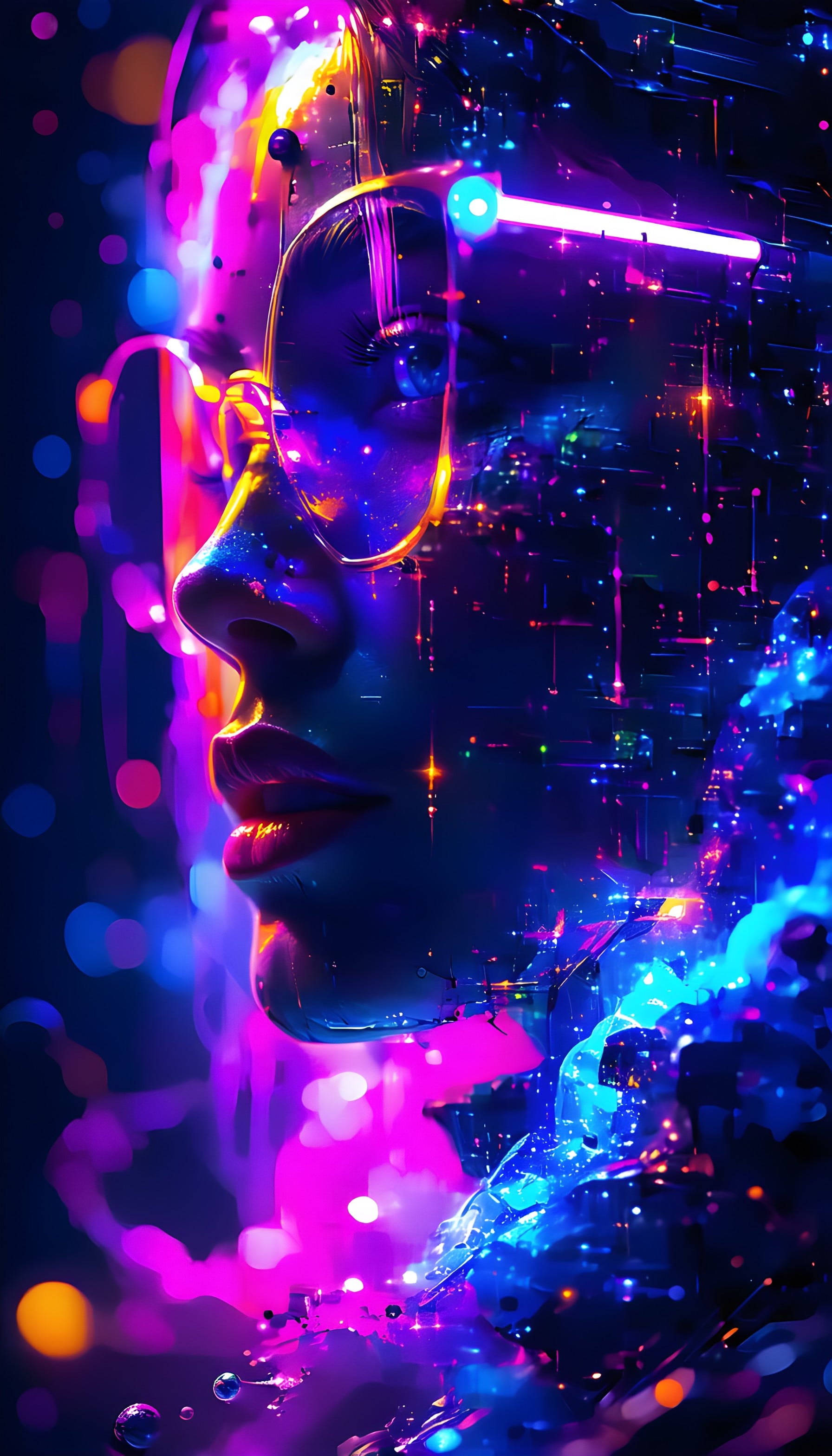 Vibrant Cyberpunk Woman Neon Glow Wallpaper, cyberpunk, neon glow, futuristic portrait, digital art, purple, electric blue