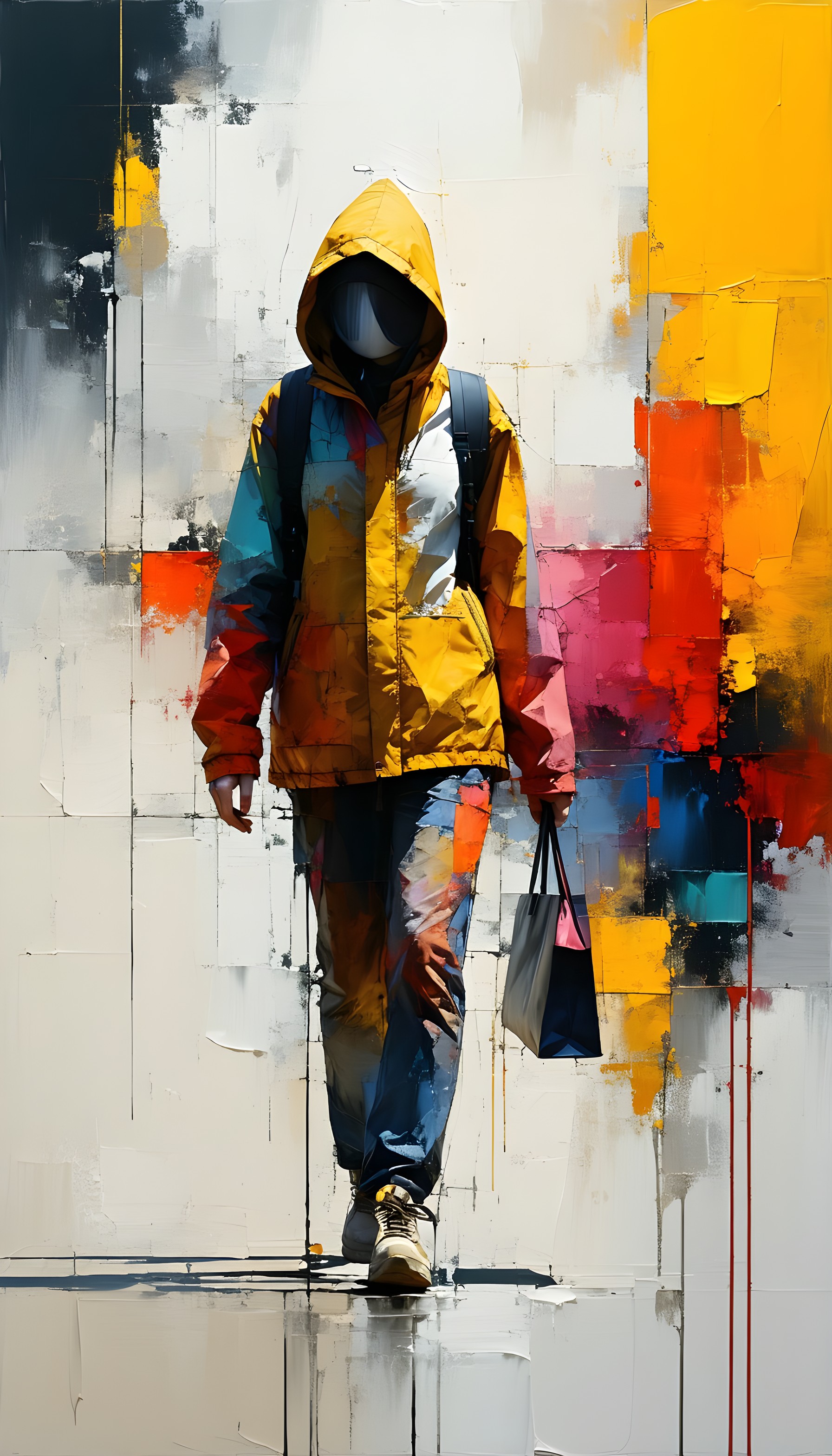 Abstract Hooded Figure Urban Art Mobile Wallpaper, abstract, urban, street art, hooded figure, yellow jacket, vibrant