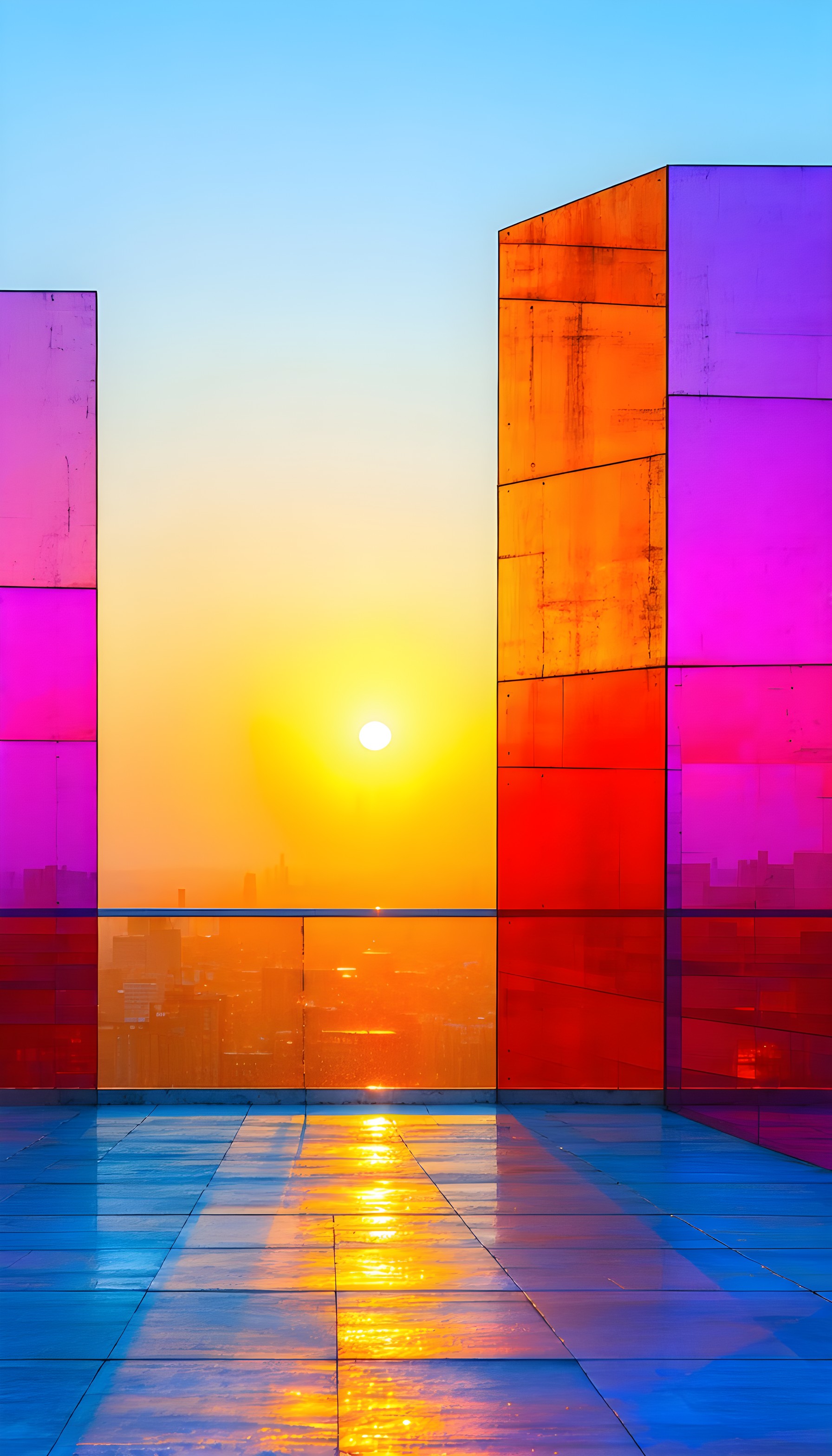 Vibrant Geometric Sunset Cityscape Reflections, geometric, modern architecture, sunset, vibrant, cityscape, reflections