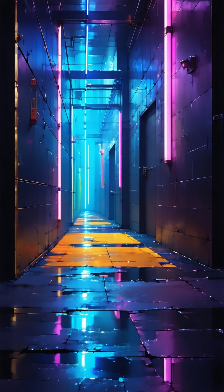 네온 조명의 어두운 복도, 네온사인, 복도, 어두운, 밤, Sci-fi, Cyberpunk
