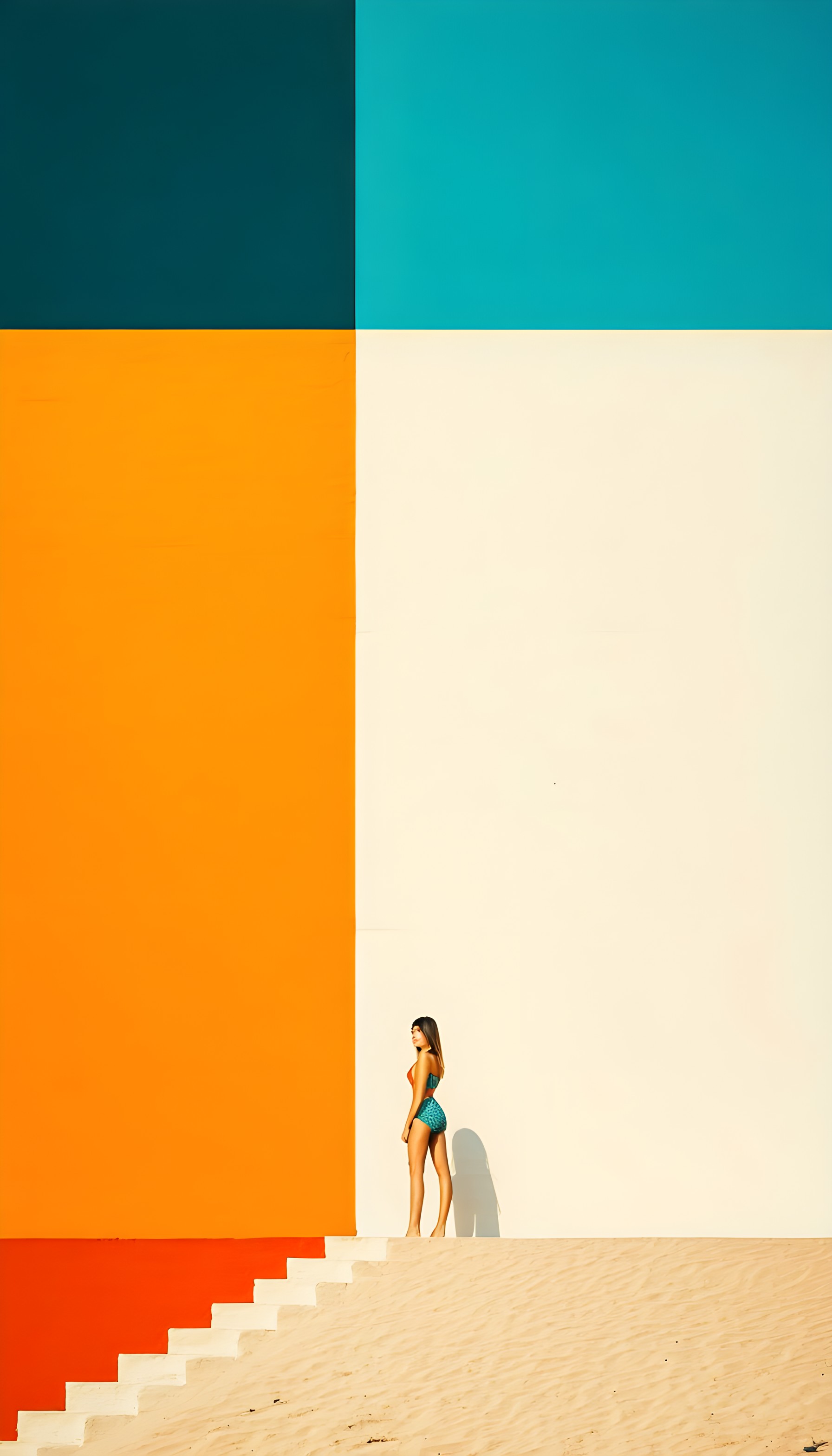 Vibrant Color Block Summer Wall with Woman, color block, geometric, modern, vibrant, summer, beach