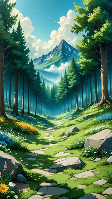 숲 속의 돌길과 웅장한 산