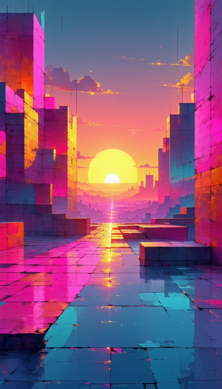 선셋 시티의 블록 도시, Sunset City, Block City, Digital Art, Neon City, Synthwave, Cyberpunk