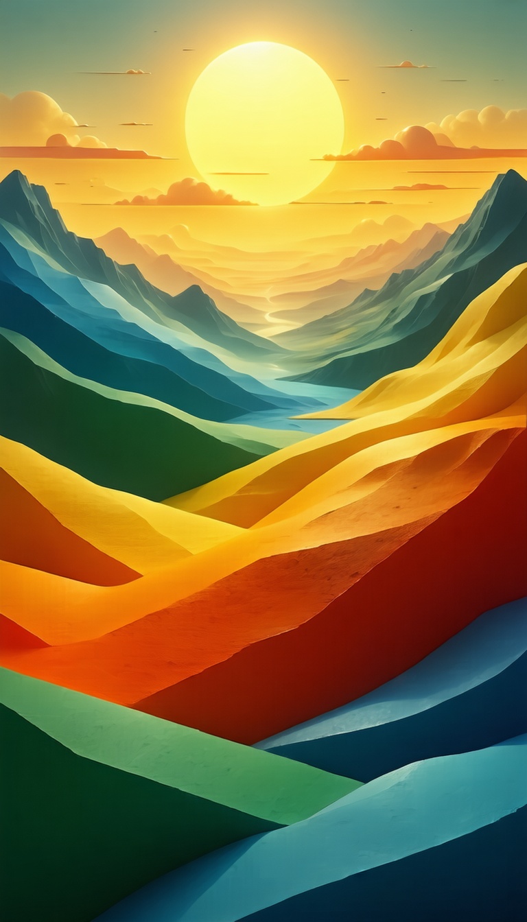 무지개빛 산맥과 석양, sunset, landscape, mountains, abstract art, digital art, colorful