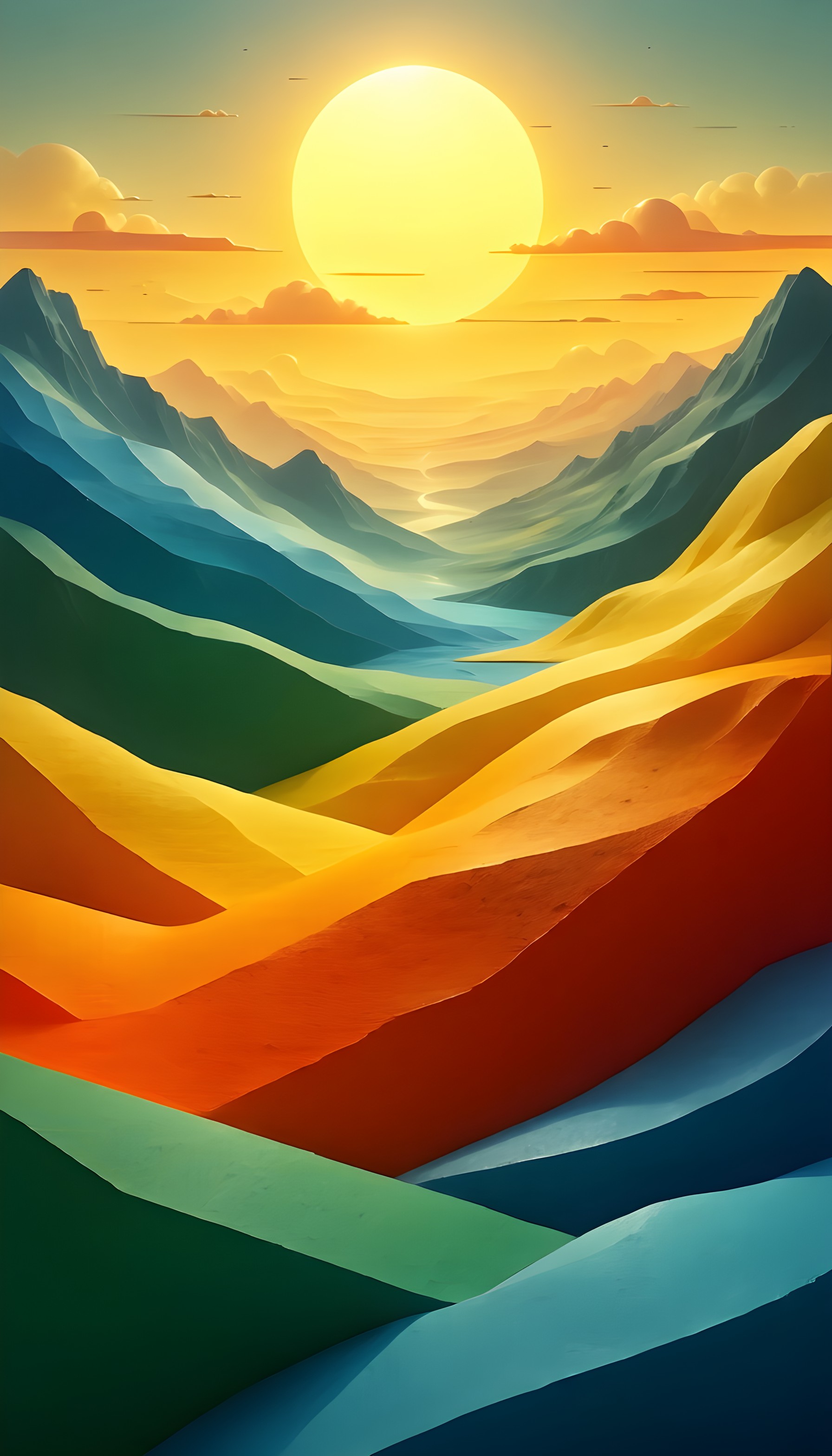 Vibrant Gradient Mountain Sunset Landscape Wallpaper, abstract landscape, gradient art, vibrant colors, mountain wallpaper, sunset, sunrise