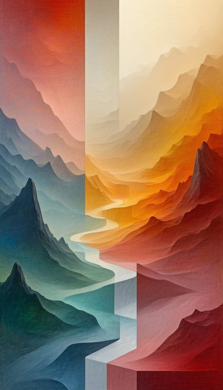 산맥과 강의 조화, 산, 강, 풍경화, 추상화, 색채, 조화
