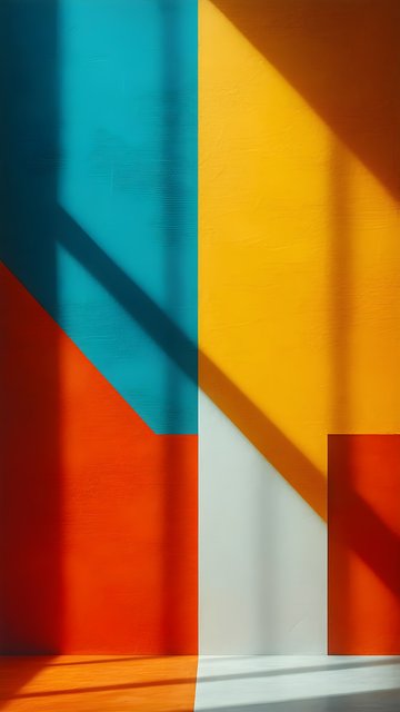 Vibrant Geometric Color Block Wall with Sun Shadows