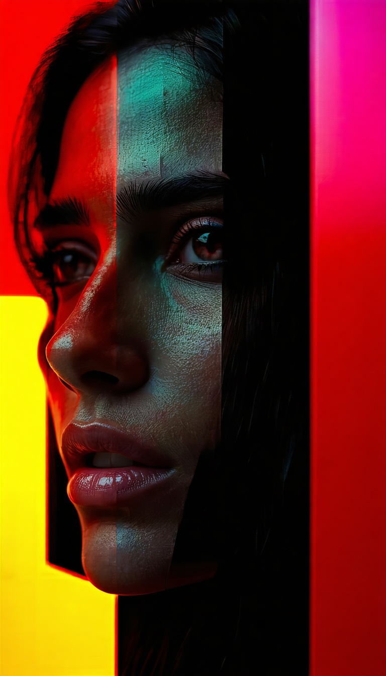 네온 조명 속 얼굴, 초상화, 여성, 네온, 조명, 얼굴, 신비