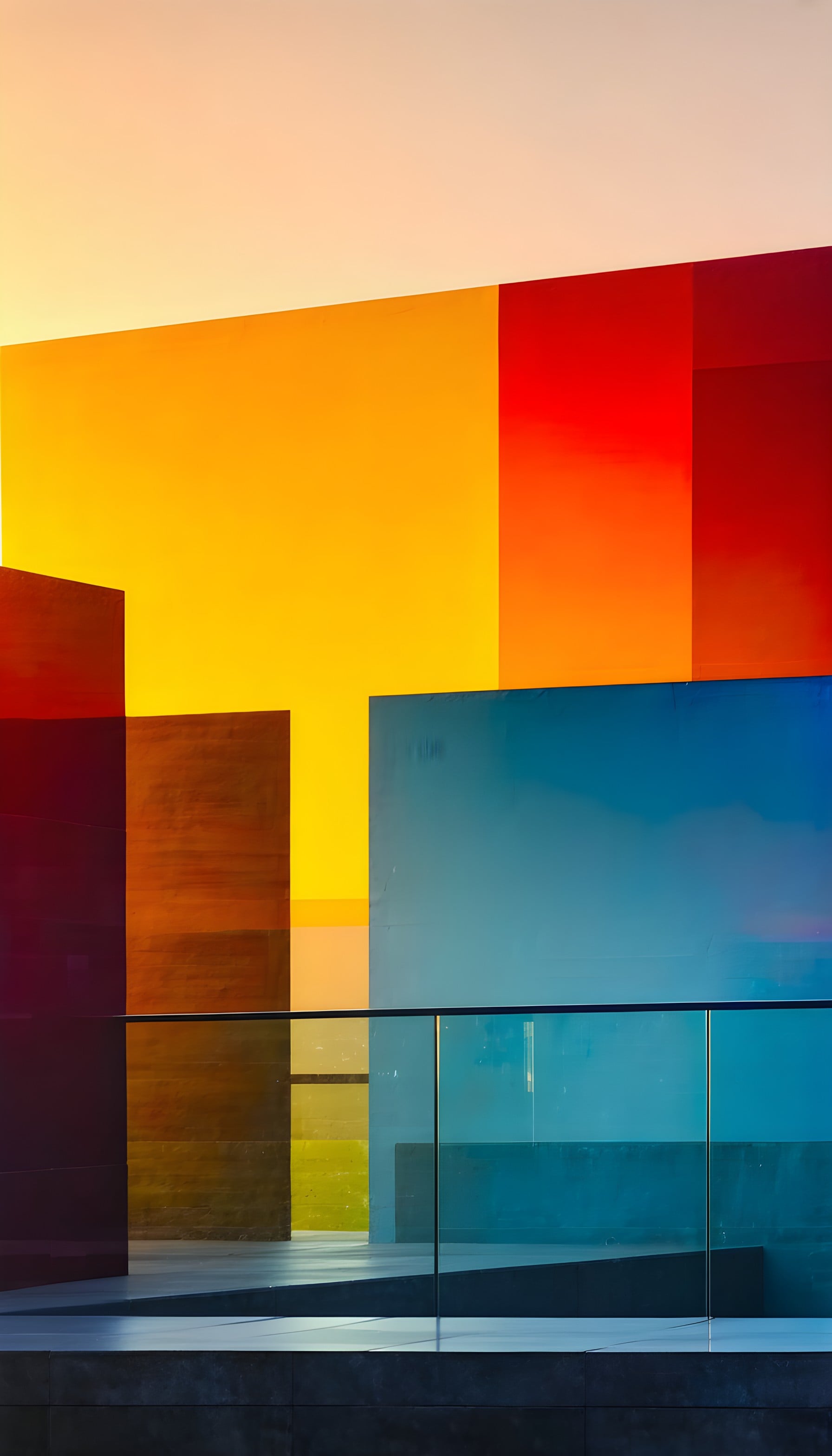 Vibrant Geometric Architecture Abstract Wallpaper, architectural abstract, geometric shapes, vibrant colors, modern design, sunny, urban aesthetic