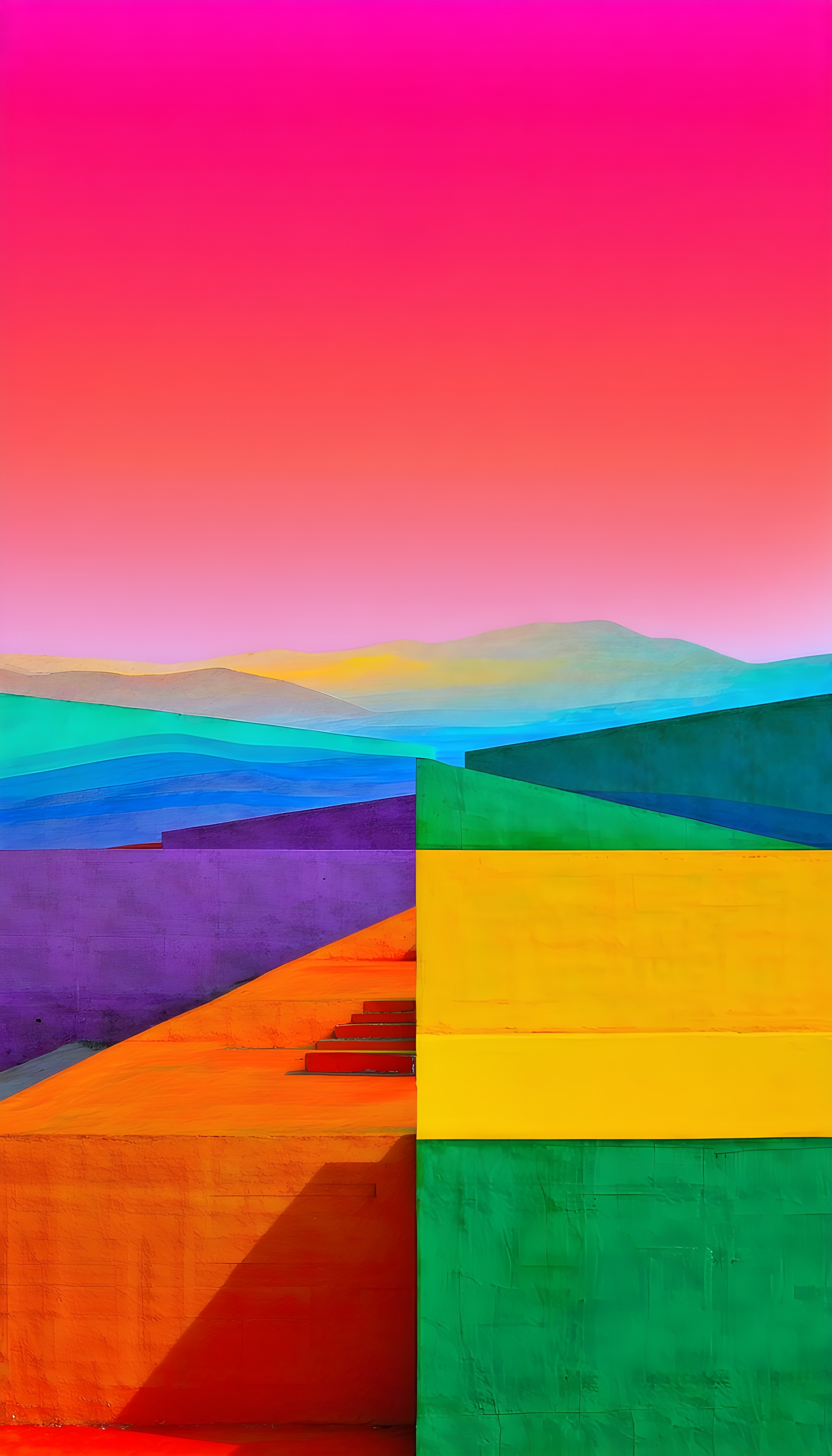 Vibrant Geometric Layers Abstract Landscape Wallpaper, abstract, geometric, vibrant colors, modern art, surreal landscape, architectural