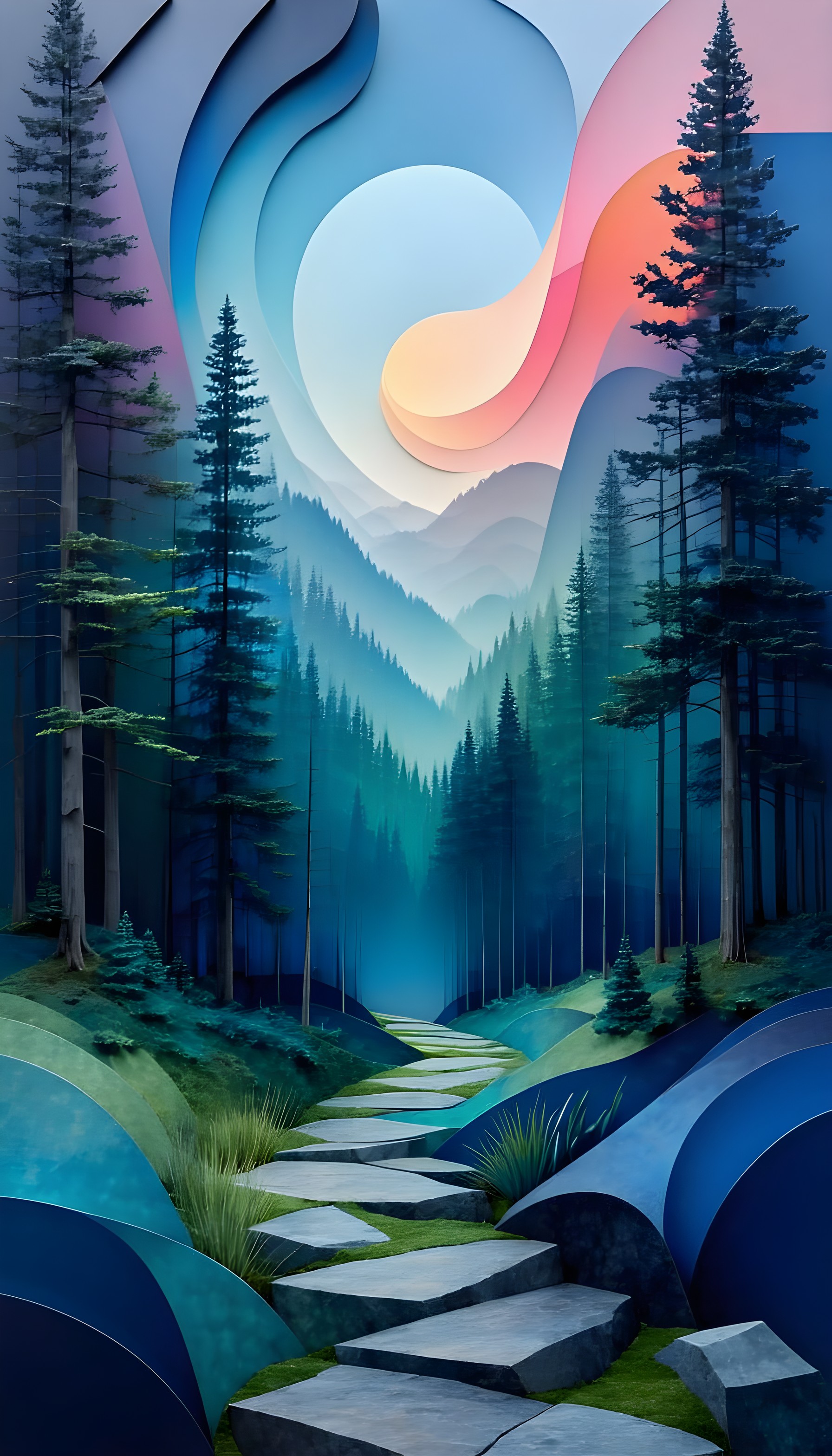 Layered Forest Path Sunrise Landscape Wallpaper, layered art, forest path, pine trees, stylized landscape, nature wallpaper, blue green