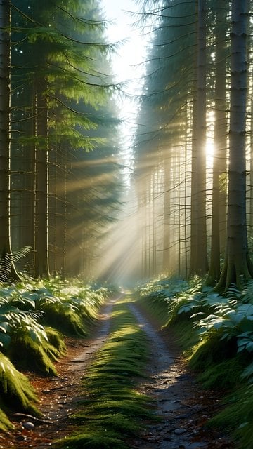 Sunlit Forest Path: Mystical Green Woods Wallpaper