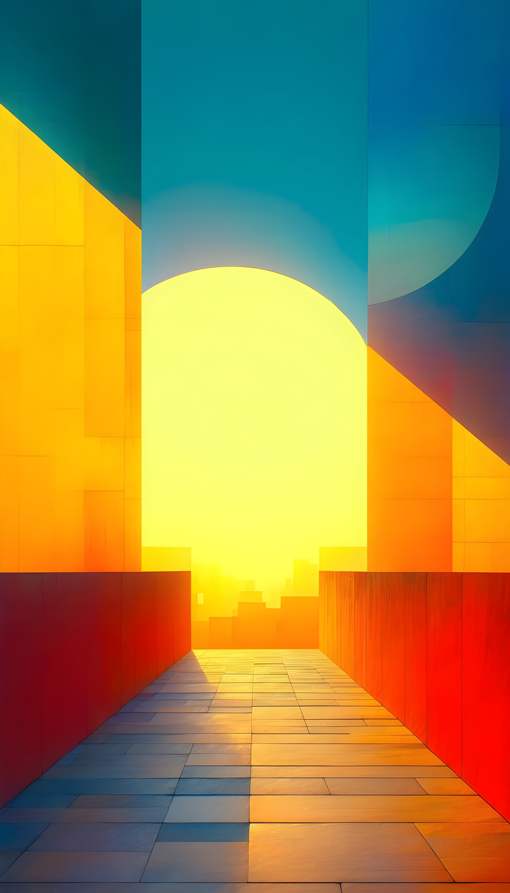 Vibrant Geometric City Sunrise Path Wallpaper, geometric, abstract, cityscape, vibrant, sun, modern art