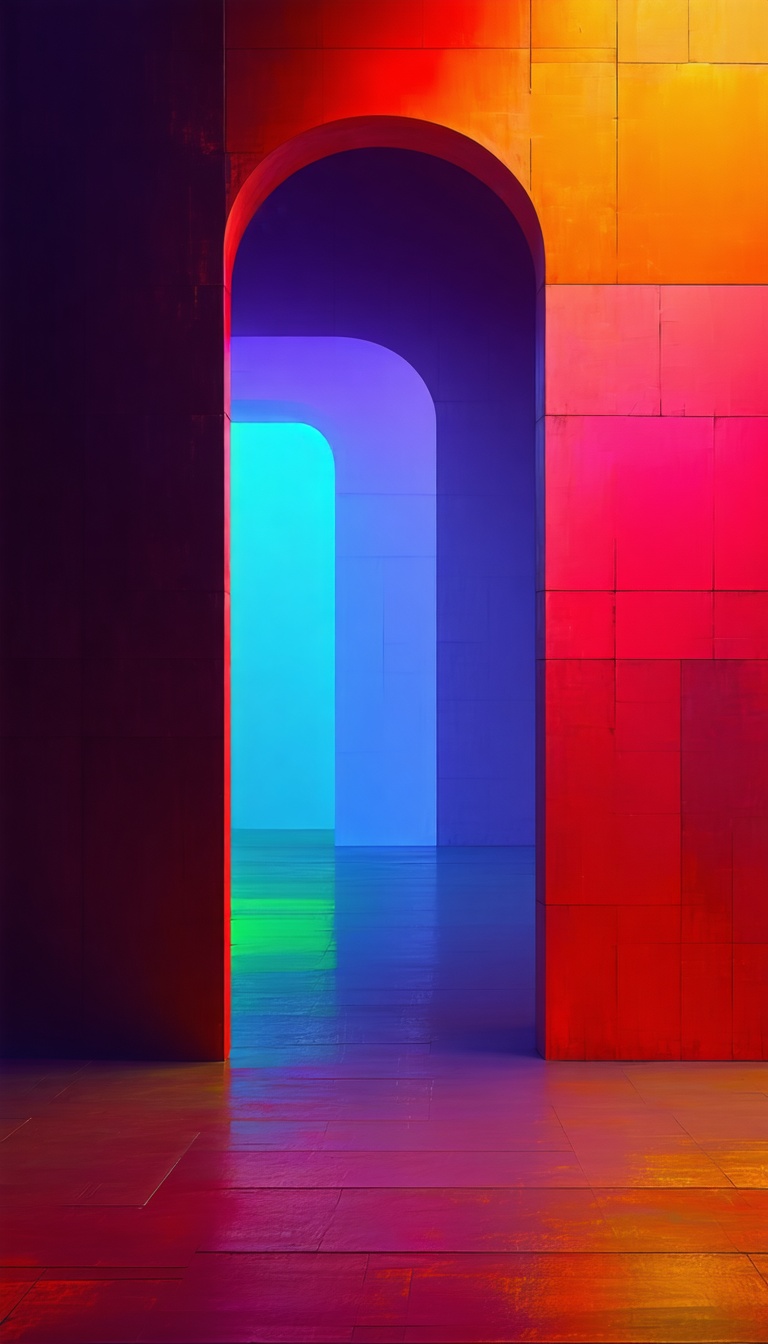 아치형 통로의 환상적인 조명, 3D 렌더링, 아치, 조명, 색감, 기하학, 추상