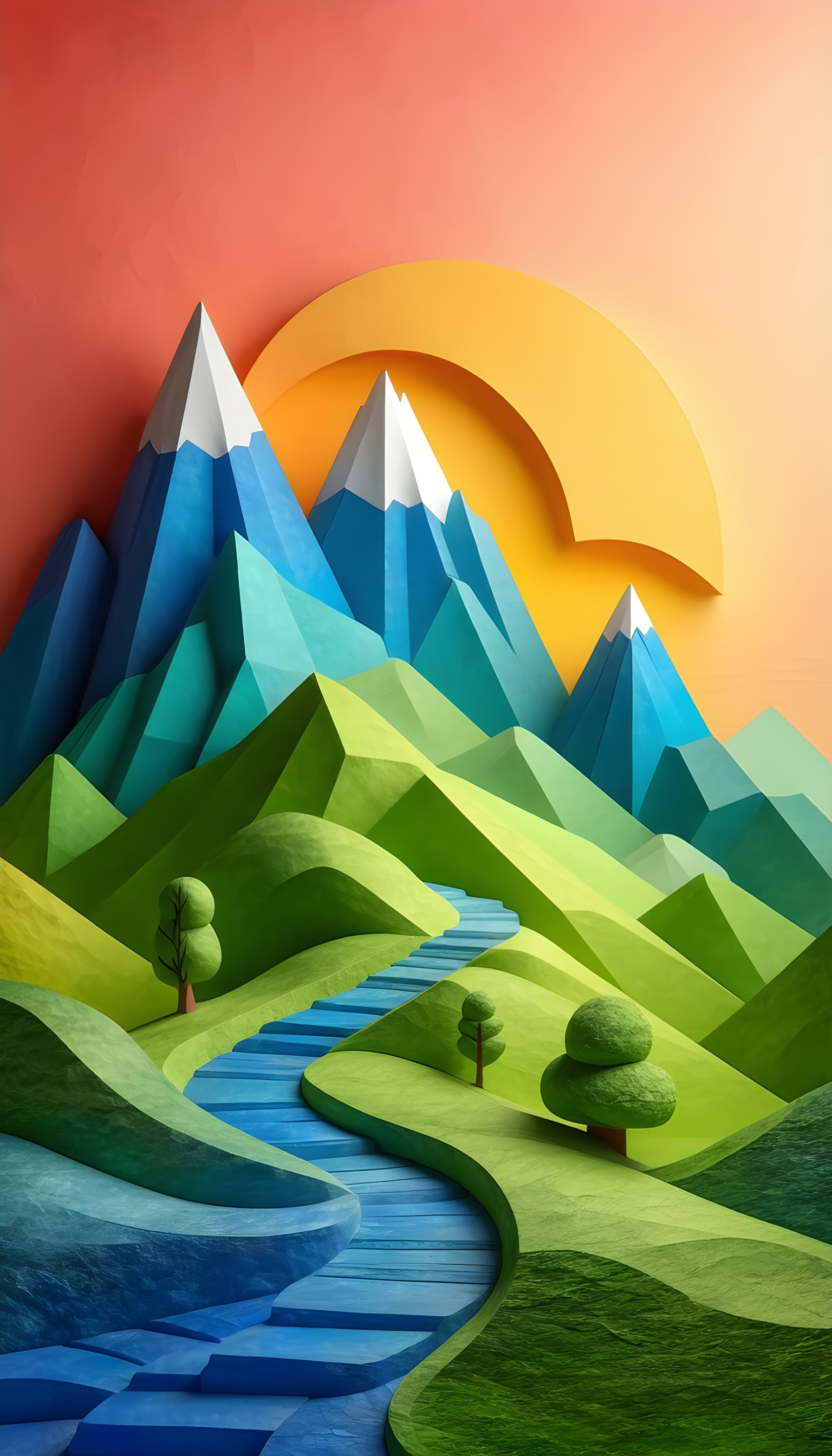 Colorful Papercraft Mountain Landscape with River & Sun, papercraft, 3d render, mountain landscape, vibrant, serene, blue green