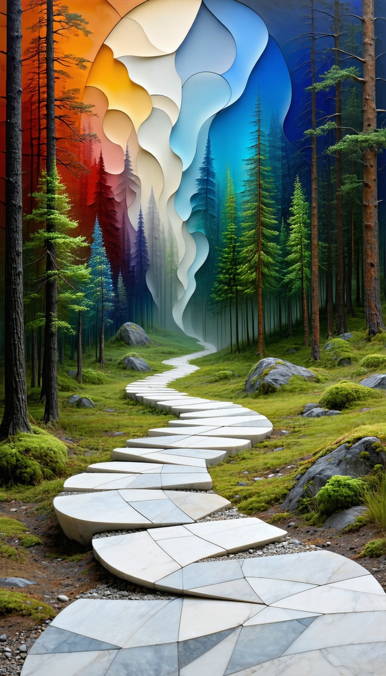 숲 속의 곡선 길, 숲, 길, 자연, 디지털 아트, 몽환, 색감