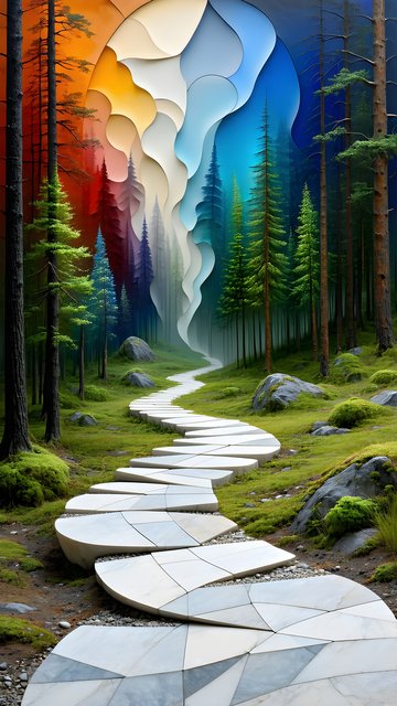 Enchanted Forest Path with Rainbow Sky Wallpaper