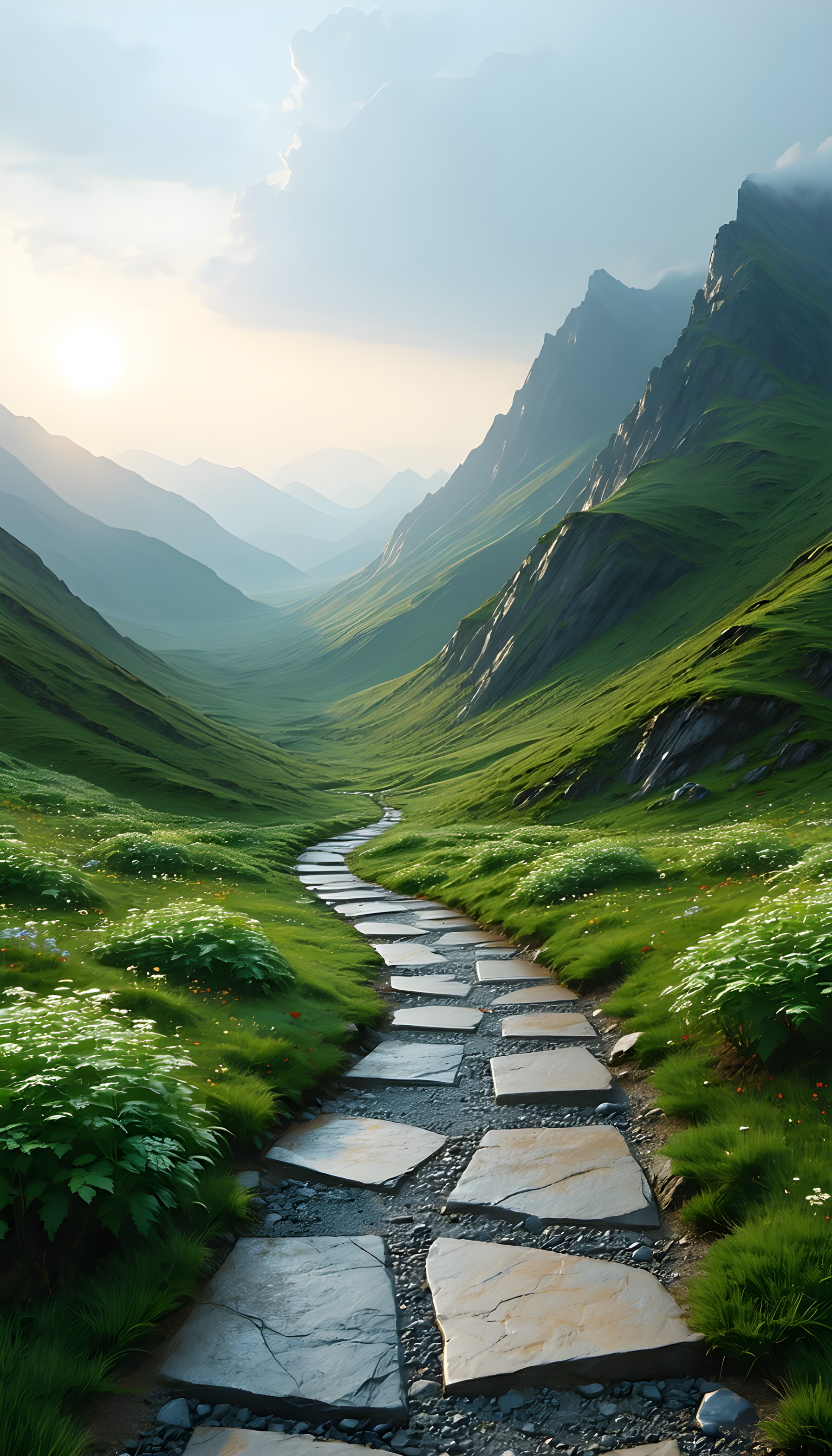 Serene Mountain Valley Path Sunrise Wallpaper, mountain valley, stone path, green landscape, serene, peaceful, nature wallpaper