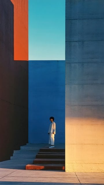 Geometric Architectural Color Blocks with Lone Figure