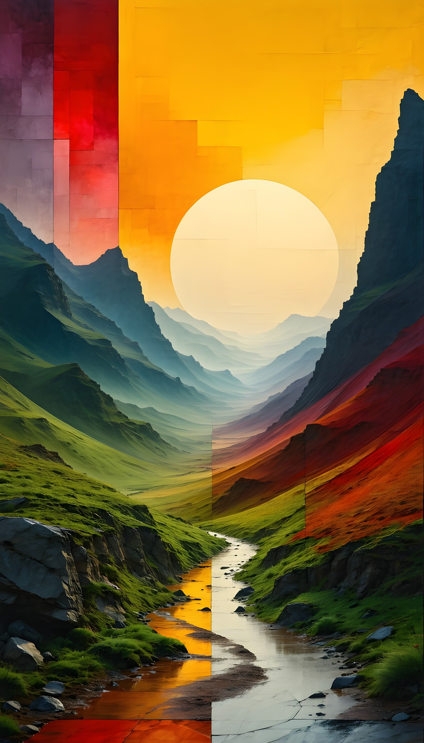 Vibrant Abstract Valley Landscape with Split Colors, abstract landscape, vibrant art, split image, mountain valley, flowing river, colorful aesthetic