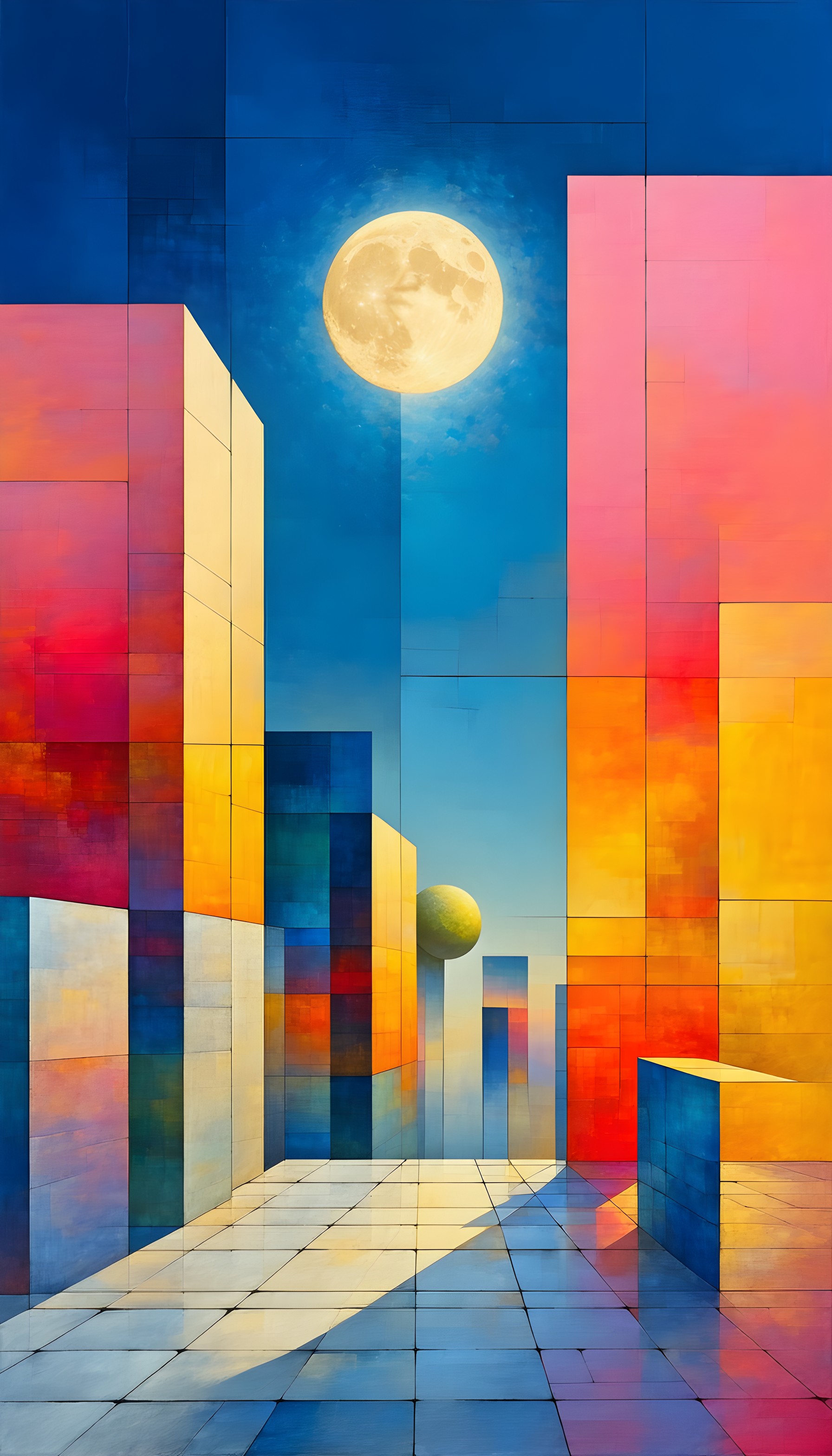 Vibrant Geometric City Moon Abstract Wallpaper, abstract, geometric, cityscape, moon, vibrant, colorful