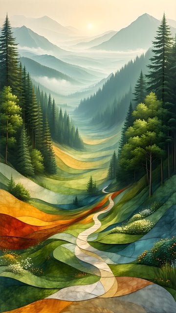 Stylized Mountain Valley with Colorful Fields & Sunrise Path