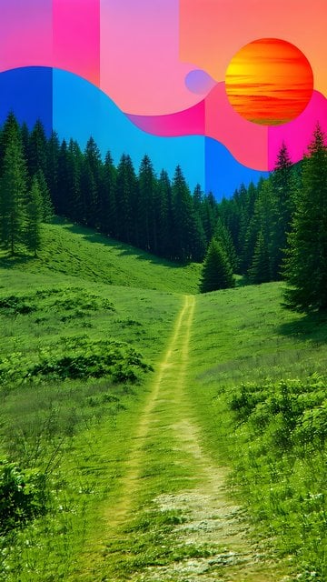 Vibrant Forest Valley Path with Abstract Sky & Sun