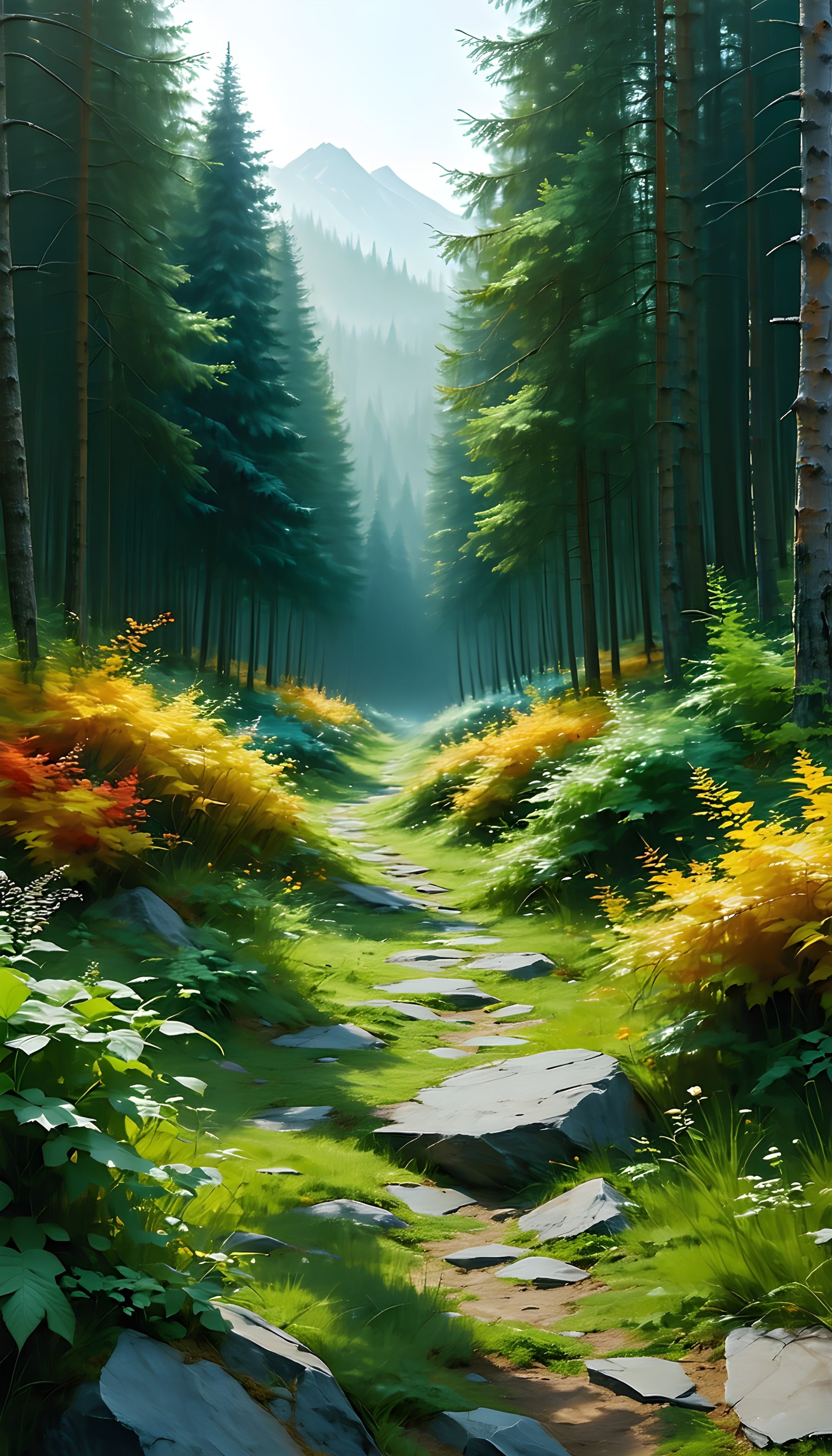 Vibrant Forest Path & Misty Mountain Wallpaper, forest, path, mountains, nature, woodland, vibrant