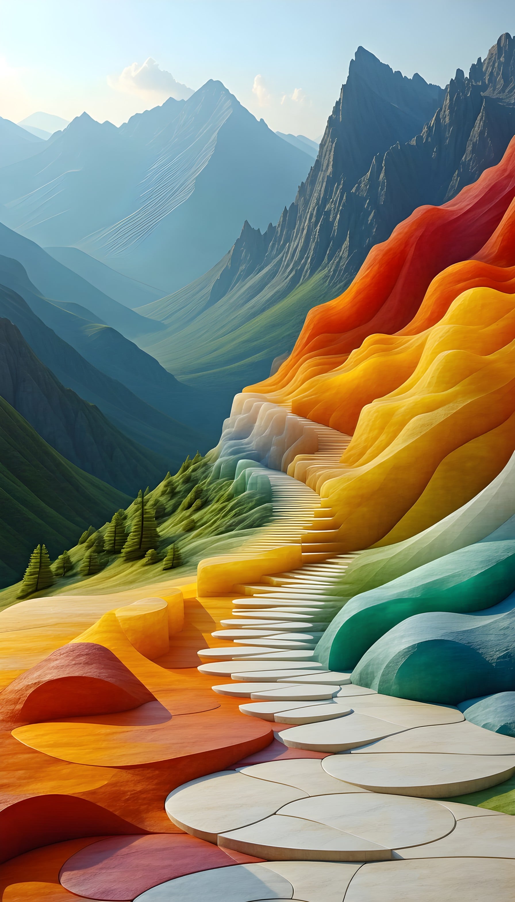 Colorful Mountain Path Dreamscape Mobile Wallpaper, colorful mountains, dreamscape, fantasy art, rainbow path, surreal landscape, vibrant wallpaper