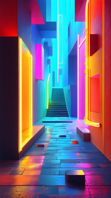 Vibrant Neon Cyberpunk Alley Stairs Mobile Wallpaper