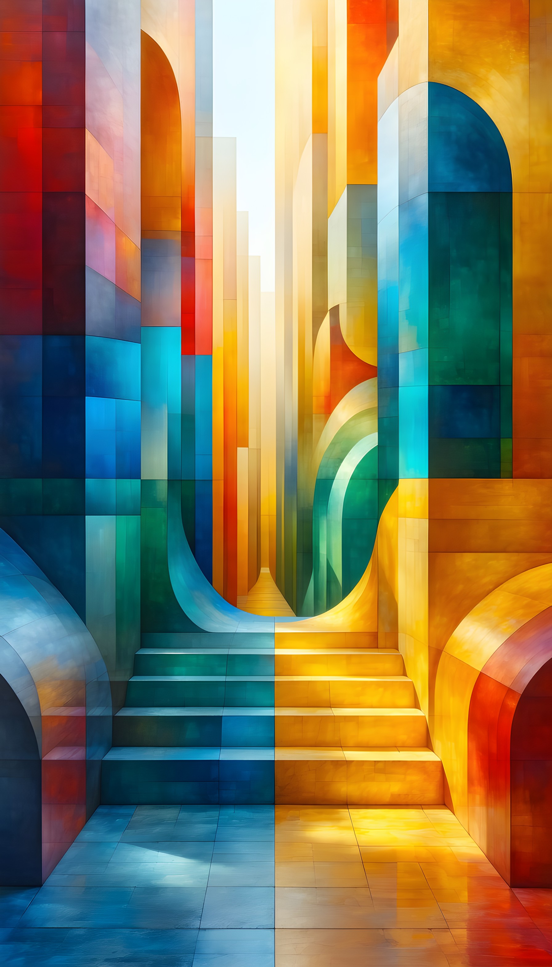 Vibrant Abstract Geometric Archway Stairs, abstract, geometric, colorful, vibrant, digital art, arches