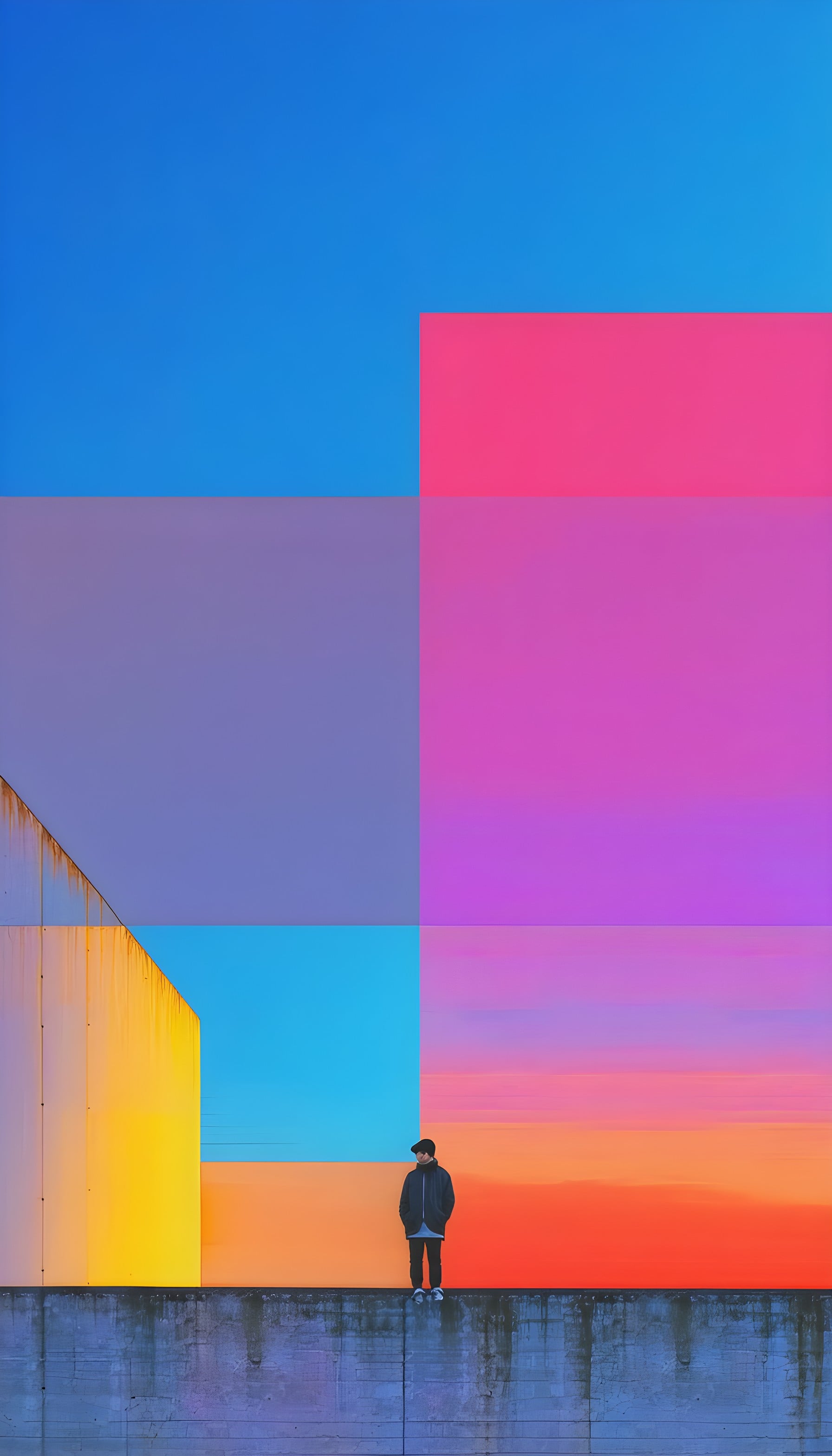 Geometric Urban Sunset with Solitary Figure, geometric, urban, abstract, sunset, colorful, modern art