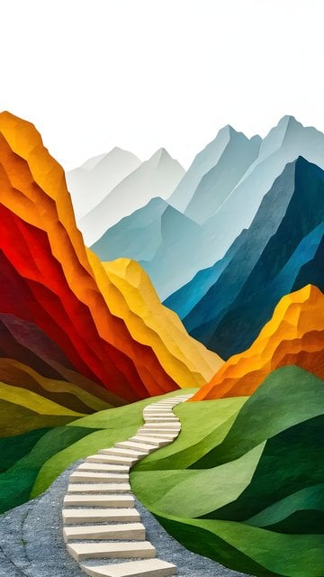 Vibrant Abstract Mountain Path with Colorful Layers