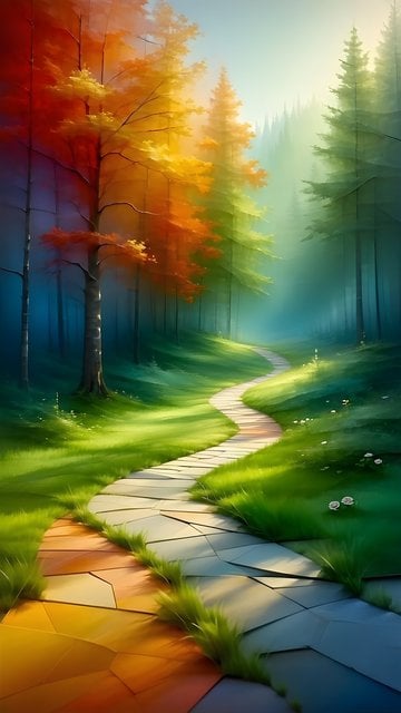 Enchanted Forest Path: Vibrant Autumn Woods Wallpaper