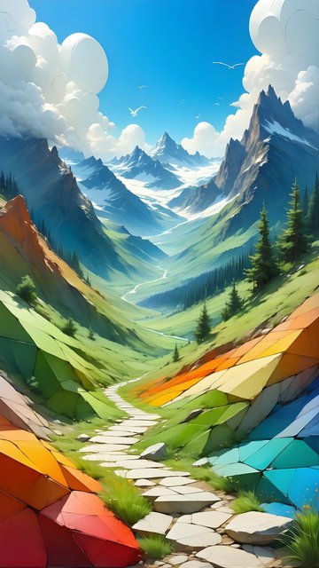 Vibrant Low Poly Valley Path & Snowy Mountain Peaks