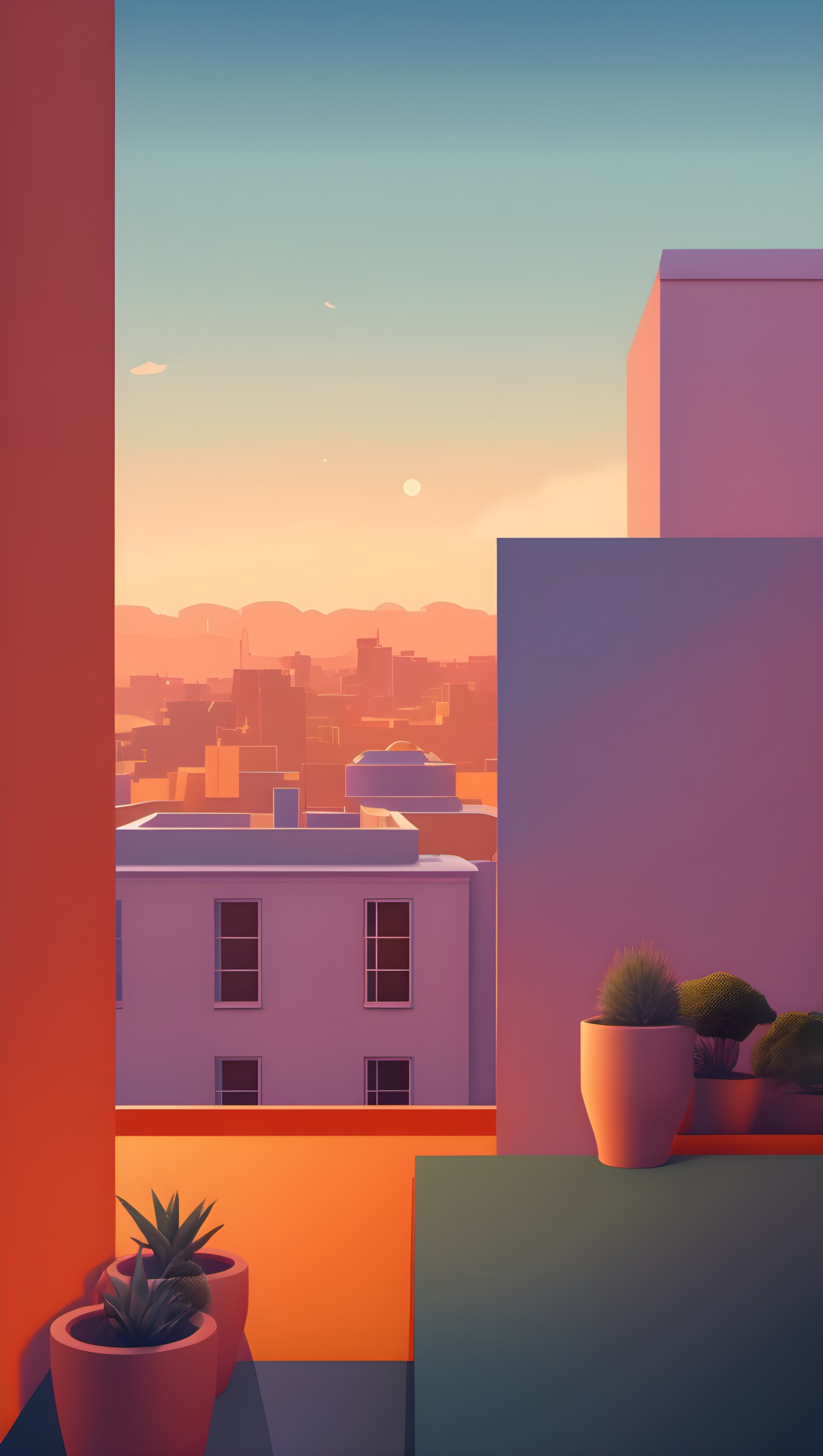 Minimalist City Sunset View Aesthetic Wallpaper, minimalist cityscape, sunset aesthetic, urban wallpaper, geometric art, warm tones, phone background