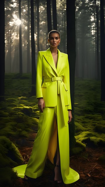 Bold Neon Fashion in Mystical Forest Sunlight