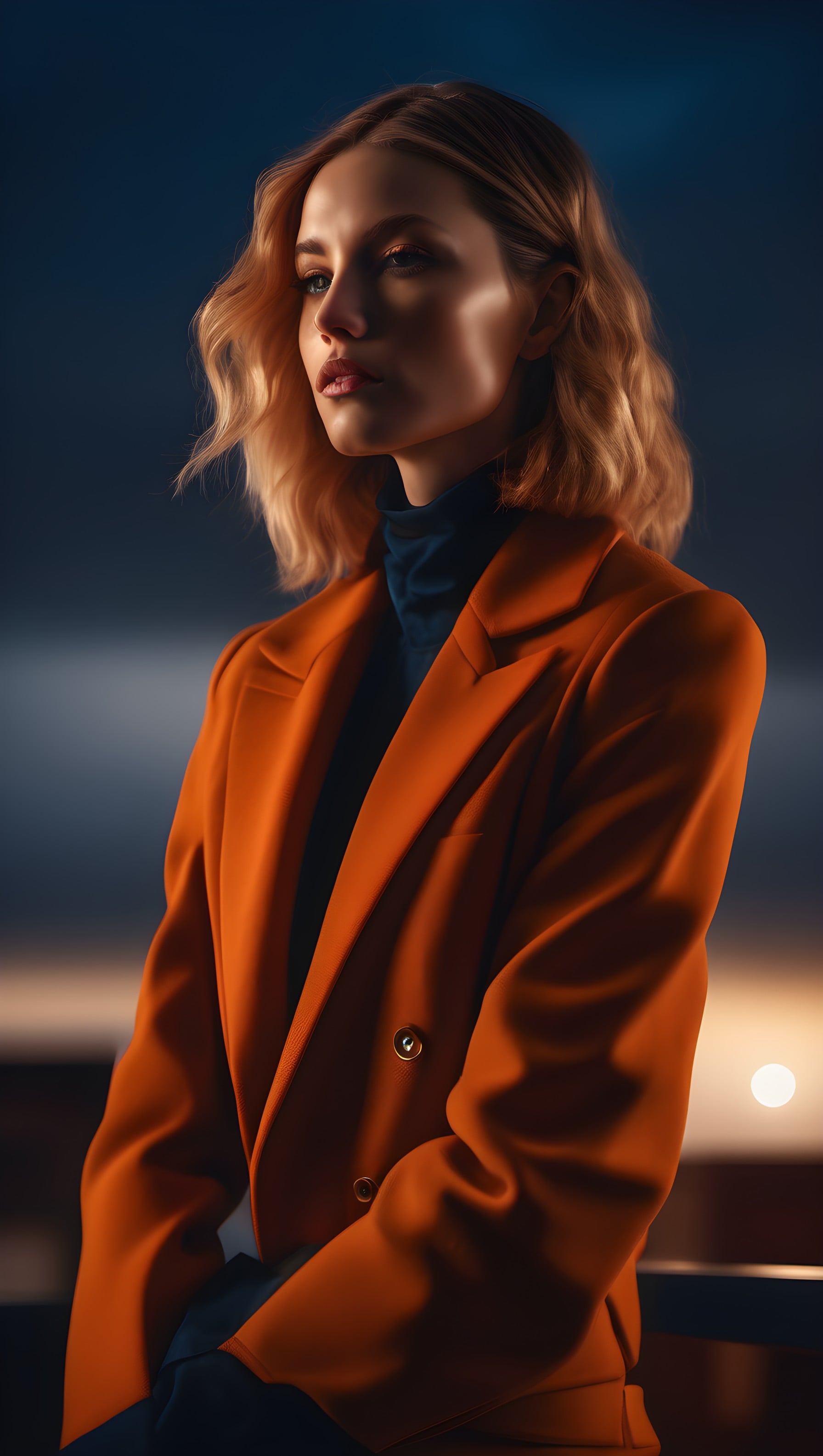 Chic Blonde Woman in Orange Blazer Portrait, woman, blonde, fashion, elegant, orange, navy