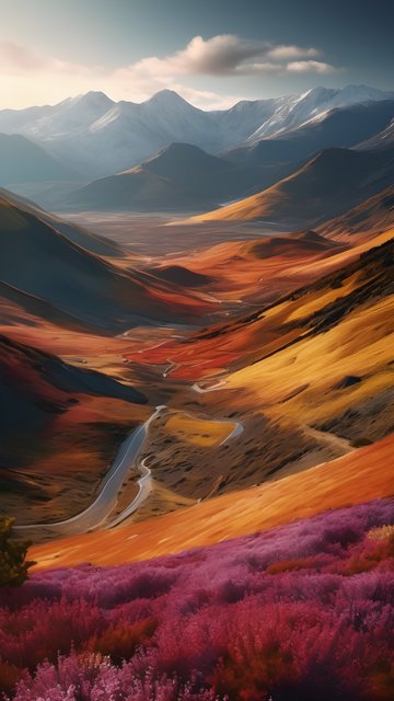Vibrant Autumn Valley Road Mountain Wallpaper