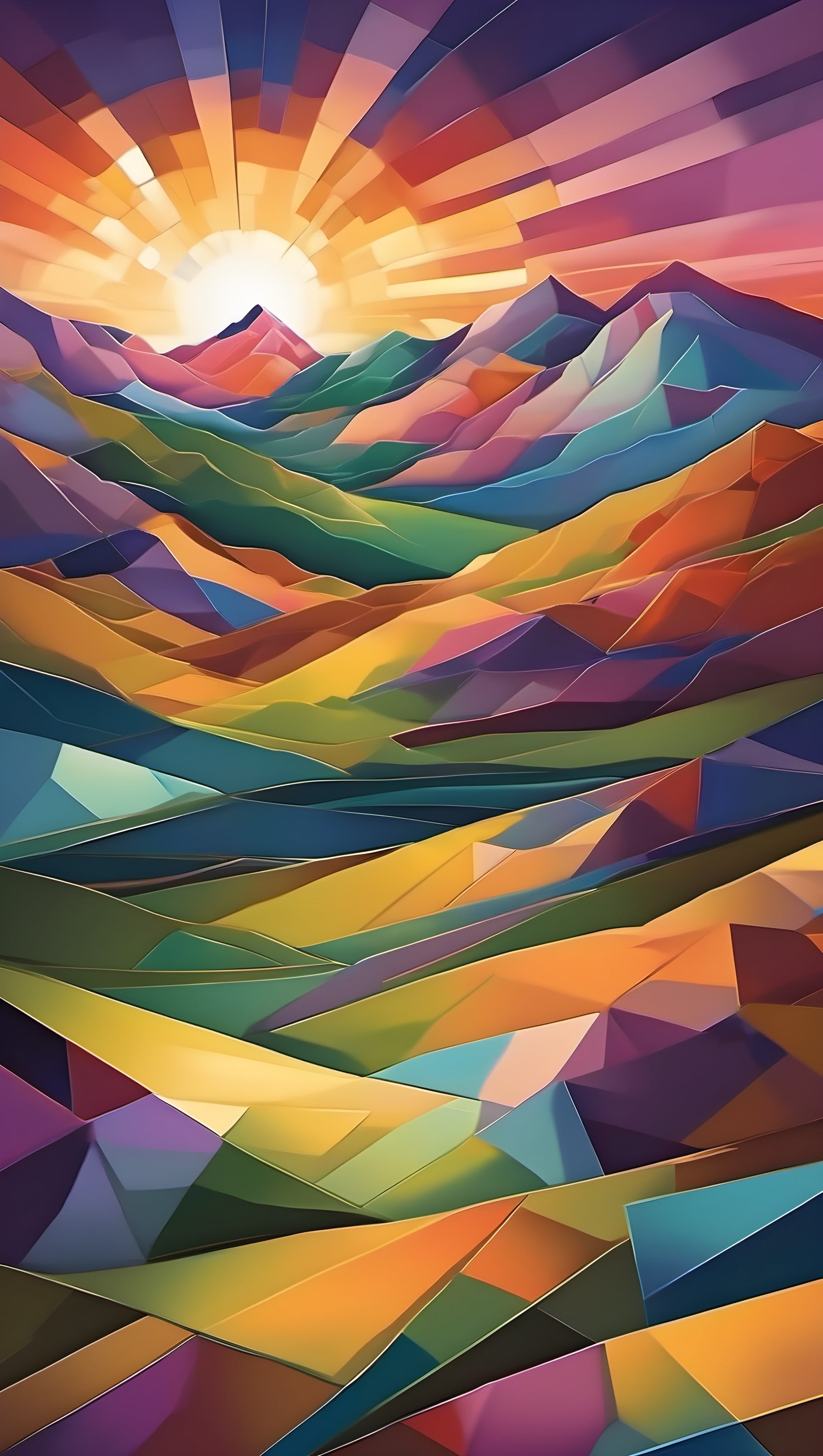 Vibrant Geometric Mountain Sunset Abstract Wallpaper, geometric mountains, abstract landscape, vibrant sunset, polygonal art, colorful wallpaper, low poly design