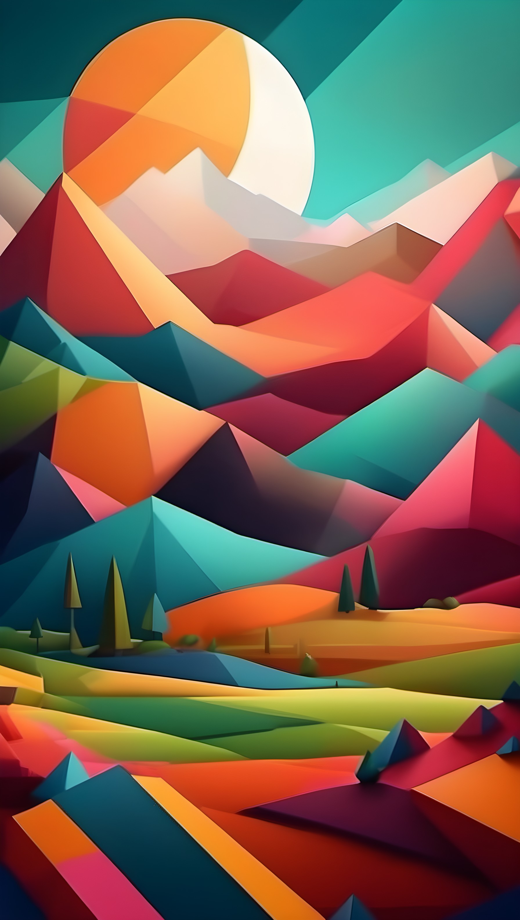Vibrant Geometric Mountain Landscape Sunrise Wallpaper, geometric landscape, abstract mountains, vibrant wallpaper, low poly art, colorful sunrise, modern digital
