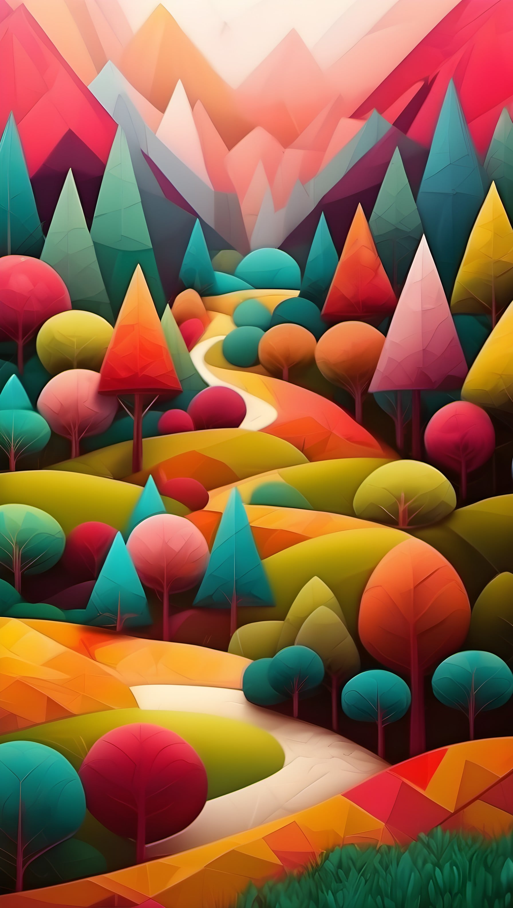 Vibrant Geometric Forest Mountain Abstract Wallpaper, abstract, geometric, vibrant, colorful, fantasy forest, mountain landscape